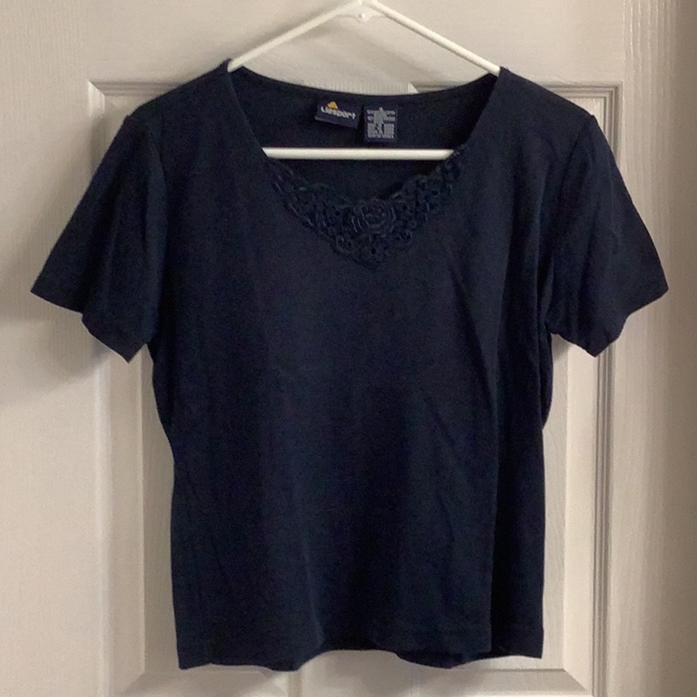 Liz Claiborne Navy Knit Tee with Rosette Embellishment, Ladies Small